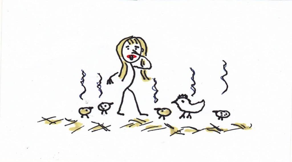 Cartoon with a girl and smelly chicken manure