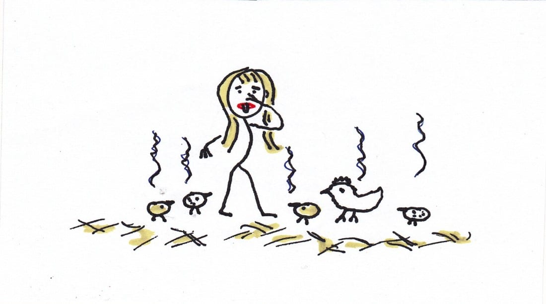 Cartoon with a girl and smelly chicken manure